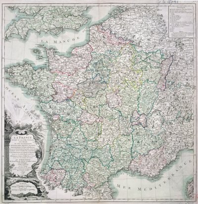 Kaart van Frankrijk verdeeld in 58 provincies, 1765 door Louis Charles Desnos